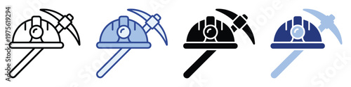 Hard hat with headlamp and pickaxe icon representing mining, construction, and exploration industries, suitable for industrial safety materials, labor presentations, and professional