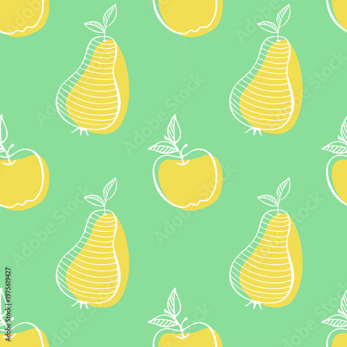 Seamless pattern with hand-drawn stylized apples and pears in linear doodle style on mint green background. Minimalist fruit fruit texture for organic food packaging, textile and kitchen wallpaper
