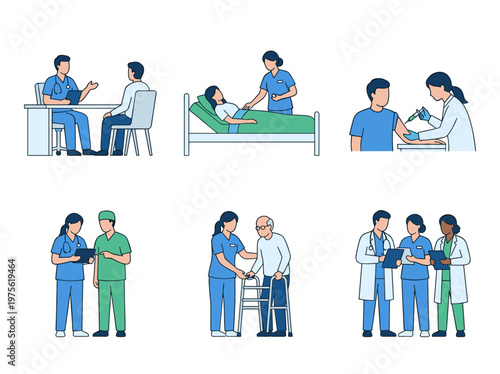 Medical team activity collection, healthcare workers with patients, flat vector hospital care illustrations