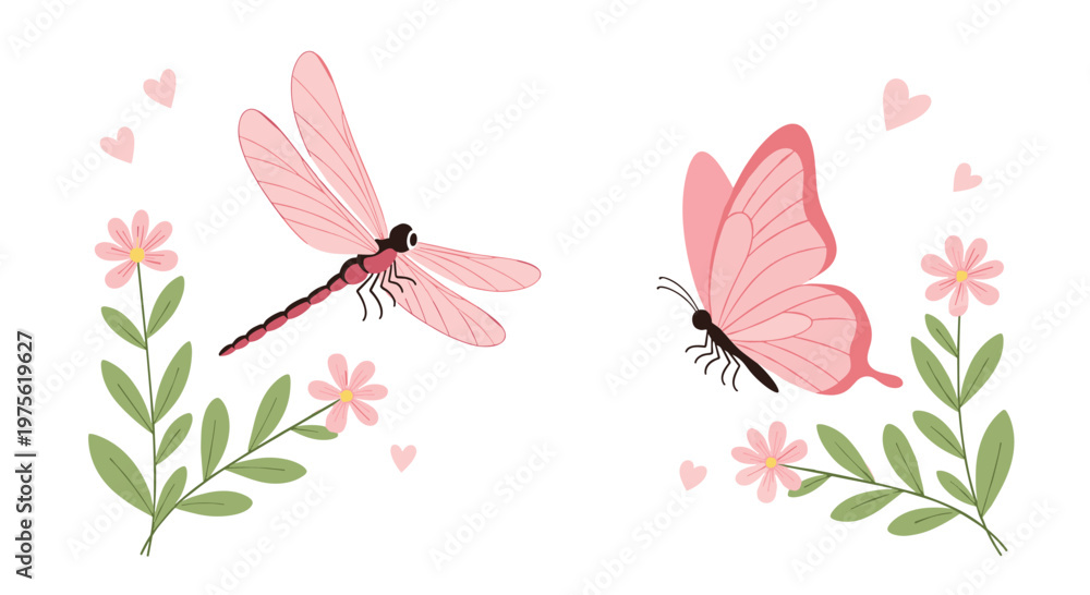 Obraz premium Beautiful pink dragonfly and butterfly fly among delicate flowers and hearts, creating a whimsical and romantic nature scene.