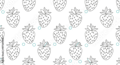Seamless pattern features hand drawn line art of strawberries and small turquoise circles for a fresh and fruity kitchen textile.