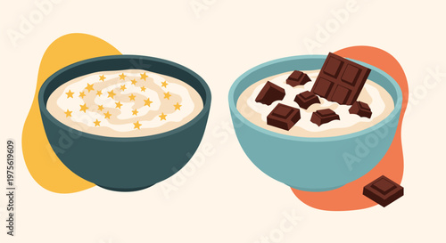 Two bowls of healthy porridge are topped with golden stars and chocolate chunks for a nutritious and appetizing morning meal.