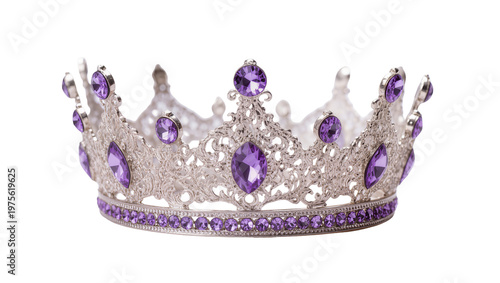 Fényképezés Ornate silver tiara with purple gemstones, isolated on transparent background