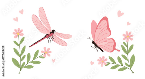 Beautiful pink dragonfly and butterfly fly among delicate flowers and hearts, creating a whimsical and romantic nature scene.