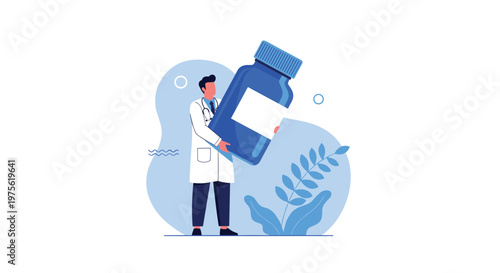 Healthcare professional in a white coat carries a massive blue medicine bottle, symbolizing the importance of pharmaceutical care.