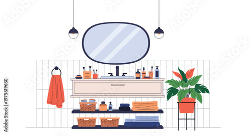 Elegant bathroom interior features a wooden vanity with a sink, an oval mirror, orange towels, and a large potted green plant.