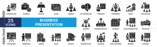 Business presentation icon set. Containing presentation, business, keynote, slides, seminar, key information, presenter, conference and more. Glyph vector icons collection.