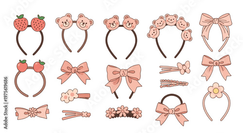 Wide variety of pink and peach hair accessories for girls includes headbands with bears, strawberries, bows, and floral clips.