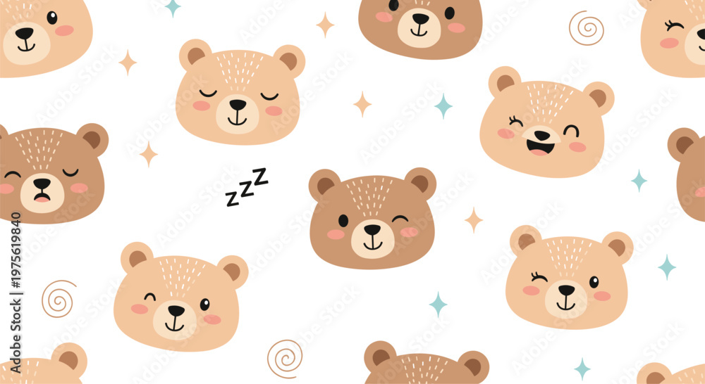 Fototapeta premium Adorable seamless pattern of brown bear faces with various expressions like sleeping, winking, and laughing among stars.
