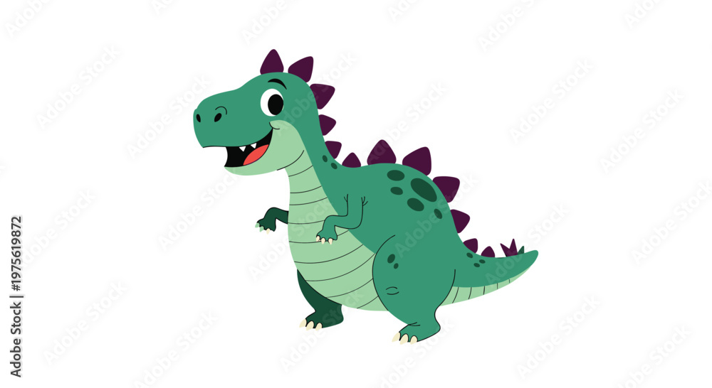 Obraz premium Friendly green cartoon dinosaur with purple spikes on its back standing and smiling happily on a white background.