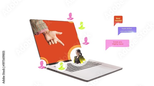 Laptop with customer feedback and online service reviews in modern communication. Concept of digital delivery ads, user satisfaction tracking, online platform trust, service quality evaluation.