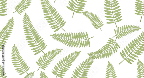 Elegant seamless pattern of green fern leaves scattered across a clean white background for a botanical and natural look.