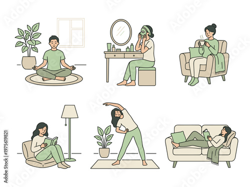 Self care and wellness activities set: people relaxing, meditating, and reading at home