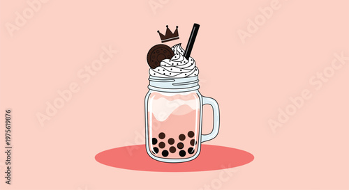 Delicious pink boba milk tea in a glass jar topped with swirls of whipped cream, a chocolate cookie, and a crown.