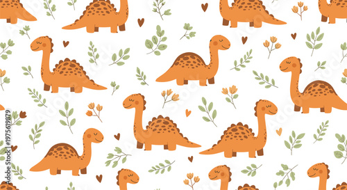 Charming seamless pattern of orange dinosaurs walking through a forest of green leaves, flowers, and small red hearts.