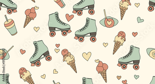 Retro style seamless pattern featuring roller skates, ice cream cones, hearts, and lollipops in soft pastel colors.
