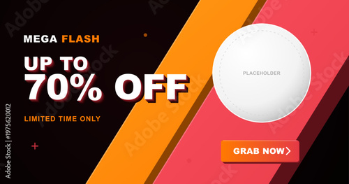 Mega flash sale banner design featuring bold typography up to 70 percent off discount promotion with vibrant orange and red diagonal graphic elements and button