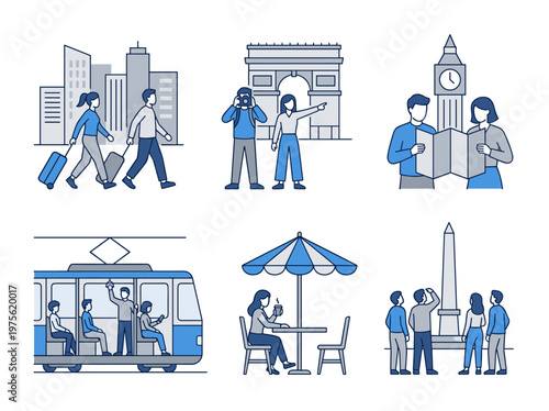 People traveling and exploring city illustration set, modern flat vector scenes in urban environments