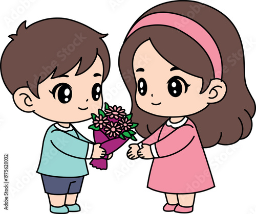 Cute Kid Giving Flowers to Mother Cartoon Illustration Mother's Day Love Concept