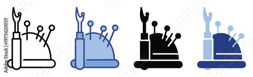 Professional sewing kit icon with a pin cushion, needles, and a seam ripper for crafting, tailoring, garment repair, and textile design projects, ideal for various digital applications
