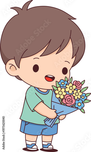 Cute Little Boy Holding Flower Bouquet Cartoon Illustration for Mother's Day