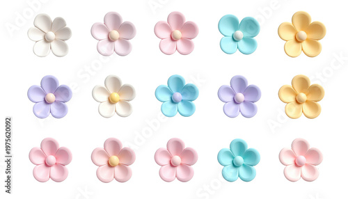 3D pastel colorful simple spring flower icon asset sheet