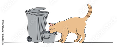 Ginger feline animal actively looking for discarded sustenance beside a sturdy outdoor waste receptacle and smaller bin, ideal for depicting street life or environmental themes.