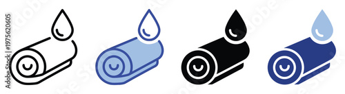 Versatile icon set illustrating a rolled towel and a water droplet representing hygiene, absorbency, and freshness perfect for bathroom product branding or cleaning service advertisements.