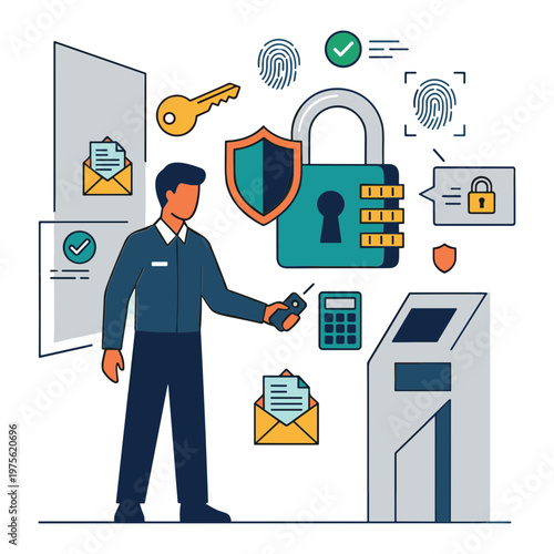 Security guard uses access control system with padlock and keycard scanner