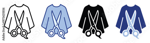 Hairdressing and tailoring tools icon set featuring a barber smock and haircutting scissors, useful for beauty salons, clothing repair shops, and professional grooming services.