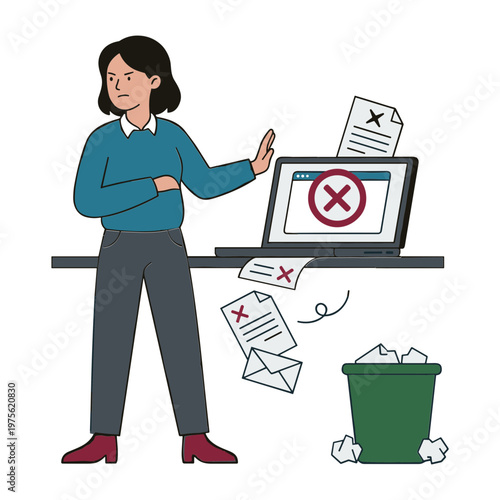 Woman deletes documents from laptop in frustration at home office desk