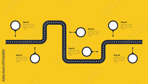 Roadmap Infographic With Six Steps On Yellow Background
