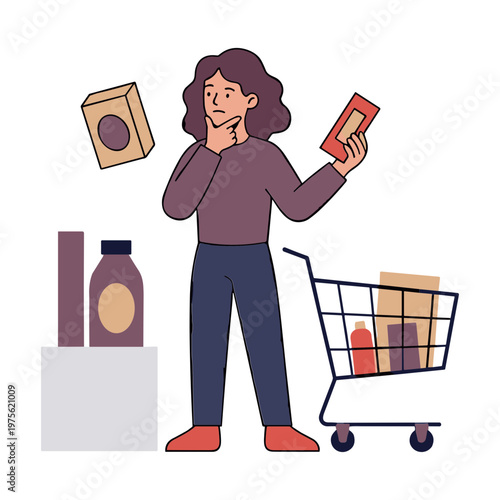 A woman compares products while shopping with a cart and items on a table