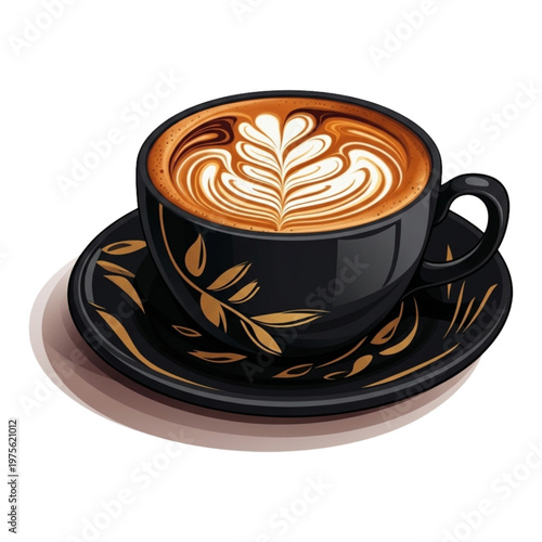 Illustration of a Cup of Latte Art Coffee in an Elegant Black Cup.