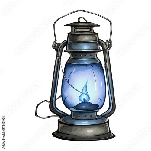 Classic Oil Lantern Illustration with Magical Blue Flame