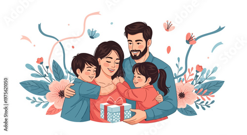 Stylized vector illustration of a happy family celebrating Mother's Day, with a mother receiving a gift from her children, embraced by her husband, set against a bright white background