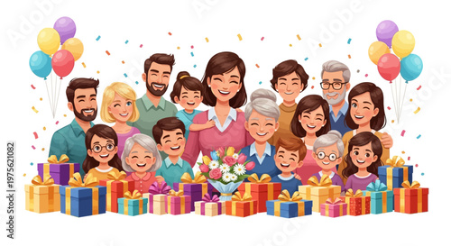 Colorful vector illustration of a multigenerational family smiling together in a happy Mother's Day celebration, surrounded by gifts and balloons against a white background conveying joy