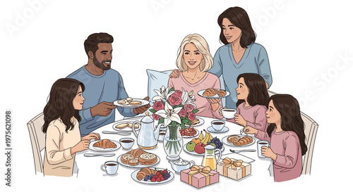 A cheerful vector illustration depicts a family gathered around a breakfast table celebrating Mother's Day, with a spread of pastries and gifts, set against a clean white background