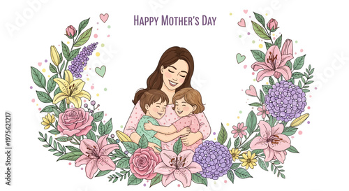 A heartwarming vector illustration shows a mother and her two children embracing amidst a vibrant floral wreath, set against a clean white background with a cheerful and loving mood