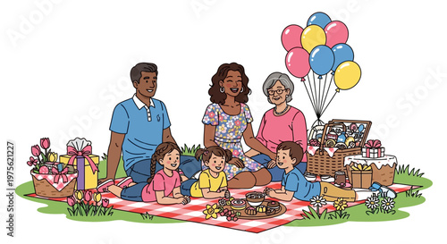 Joyful family celebrating Mother's Day together in a vector illustration, gathered on a picnic blanket with gifts and balloons against a white background, expressing a happy and loving mood