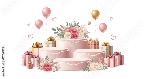 A pristine white round podium occupies the center stage, flanked by gifts, balloons, and floral arrangements, all set against a clean white backdrop accented with pink hearts for a Happy