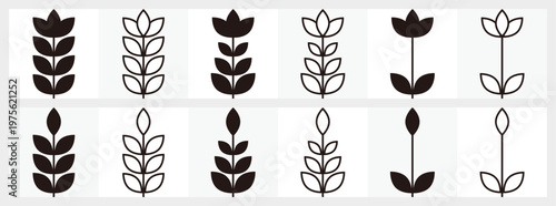 抽象的な幾何学模様の線画、葉の線画、木の線画セット2
