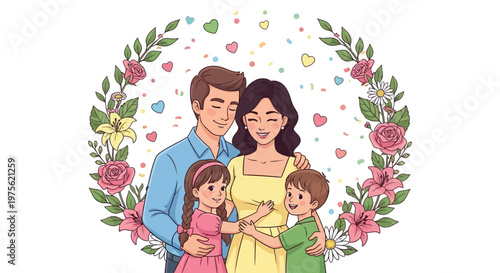 A cartoon illustration of a happy family embracing in front of a floral wreath, conveying a cheerful mood against a clean white backdrop, ideal for a Mother's Day celebration with a cute