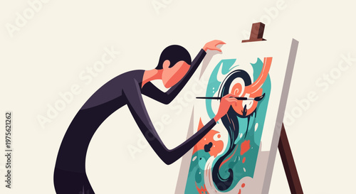 Artist painting abstract artwork on easel, creative process, inspiration, art studio