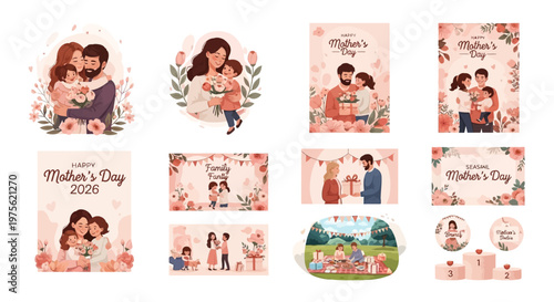 Illustrated vector collection showing a family celebrating Mother's Day 2026 in a variety of scenes, presented in a warm, pastel color palette with floral accents against a clean white