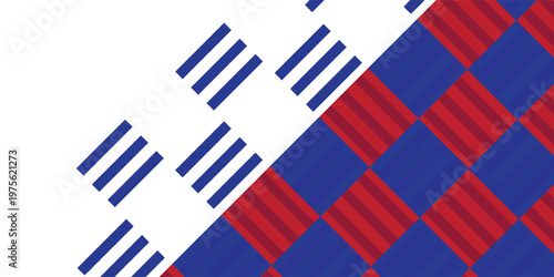 Abstract geometric pattern with blue and red squares and white space.