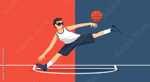 Blindfolded Basketball Player in Action, Dynamic Jump, Red and Blue Court