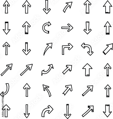 Collection of hand drawn black and white arrow icons and symbols