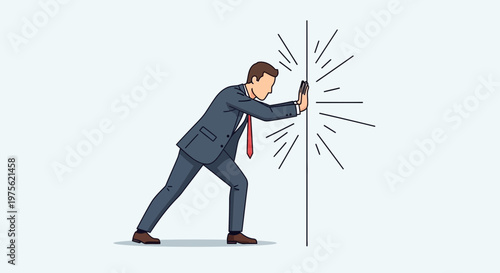 Businessman Pushing Against Invisible Wall, Concept of Obstacle and Challenge