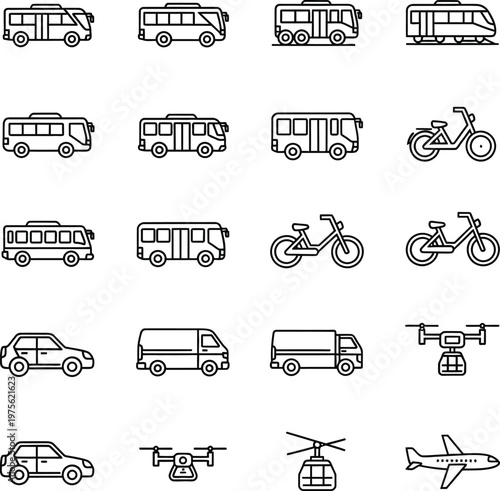 Collection of transportation icons buses cars motorcycles and aircraft